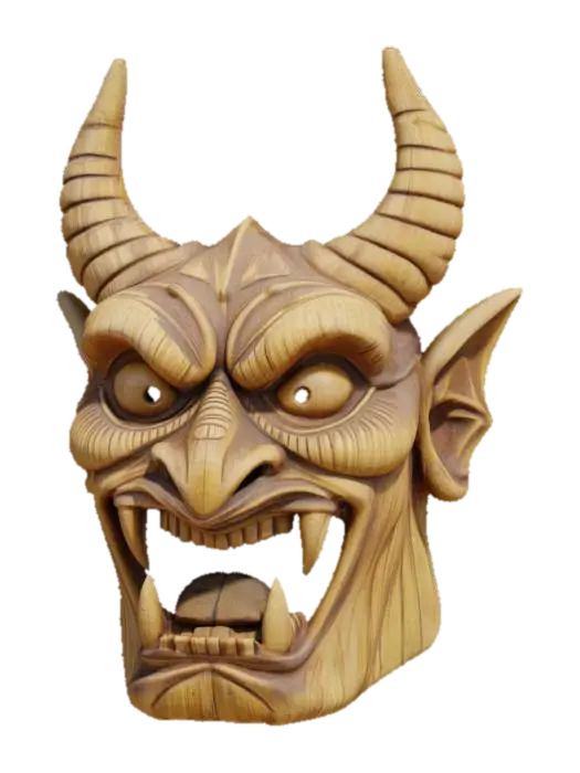 A devil tiki head. Made out of bamboo wood. Large features large eyes large teeth… 3D model, vytvořený pomocí AI