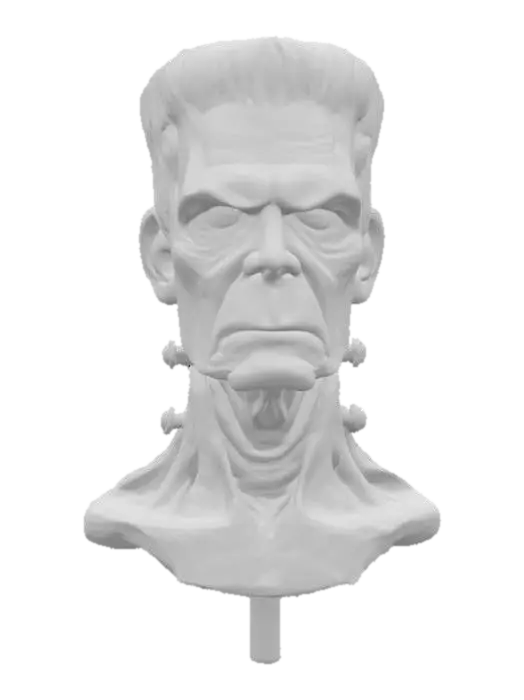 3D model for A highly detailed clay sculpture of a Frankenstein-inspired head. The face has deep wrinkles, a furrowed brow, and a stern expression. The rough clay texture gives it a handcrafted feel, with visible sculpting marks. The skin appears aged and rugged, with bolts protruding from the neck. The earthy brown color enhances its raw, unfinished look.