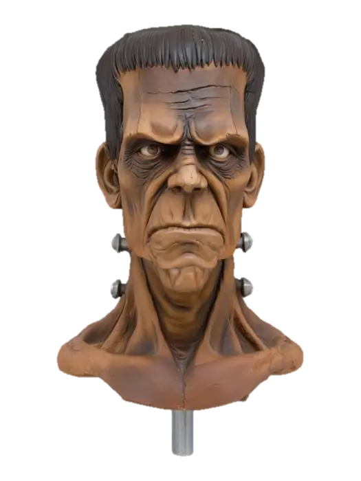 3D model for A highly detailed clay sculpture of a Frankenstein-inspired head. The face has deep wrinkles, a furrowed brow, and a stern expression. The rough clay texture gives it a handcrafted feel, with visible sculpting marks. The skin appears aged and rugged, with bolts protruding from the neck. The earthy brown color enhances its raw, unfinished look.