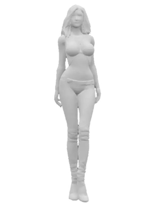 3D model for The object is a 3D-rendered female character with a curvaceous, anatomically detailed shape, smooth skin-like texture, wearing metallic-looking clothing and high-heeled shoes, set against a dark background.