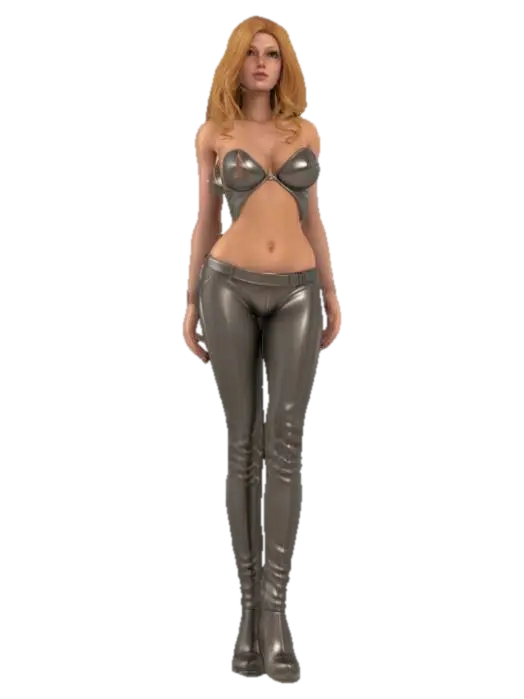 3D model for The object is a 3D-rendered female character with a curvaceous, anatomically detailed shape, smooth skin-like texture, wearing metallic-looking clothing and high-heeled shoes, set against a dark background.