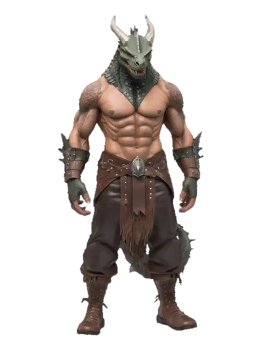 3D model for dragon born barbarian dragon head muscular humanoid body leather clothing  