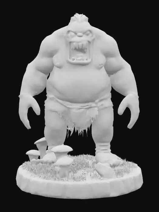 3D model for a huge gross zombie ogre on a round base covered in weeds and mushrooms 