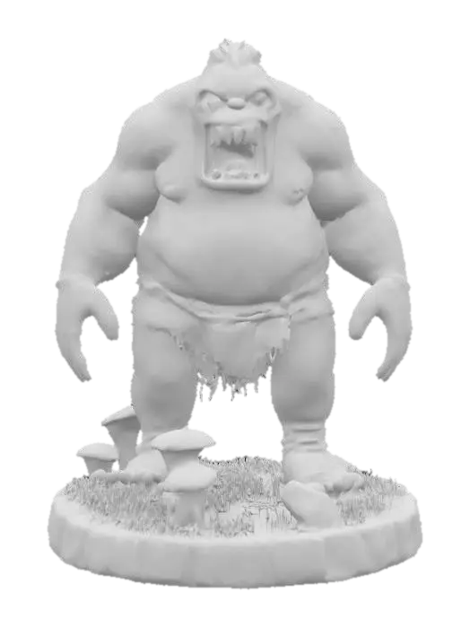 3D model for a huge gross zombie ogre on a round base covered in weeds and mushrooms 