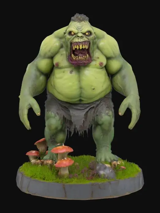 3D model for a huge gross zombie ogre on a round base covered in weeds and mushrooms 