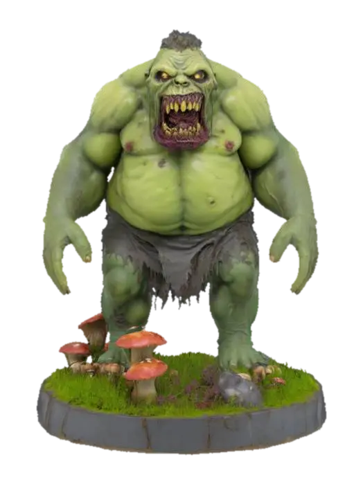 3D model for a huge gross zombie ogre on a round base covered in weeds and mushrooms 