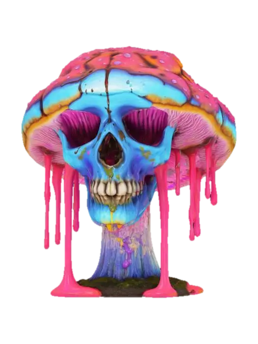 3D model for The object is a mushroom with a melting skull and brain design, featuring vibrant colors and dripping textures., 