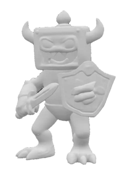 3D model for Nintendo game boy monster game boy body with a monster mouth arms and legs game asset battle ready holding a shield and a sword in a cartoon style oversized characteristics