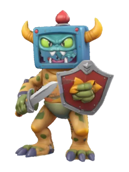 3D model for Nintendo game boy monster game boy body with a monster mouth arms and legs game asset battle ready holding a shield and a sword in a cartoon style oversized characteristics