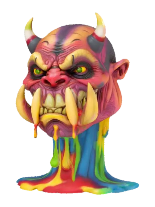 3D model for An orc character bust in a big Daddy Roth style with grotesque features that are over exaggerated. He is melting like a colorful wax candle multi color 