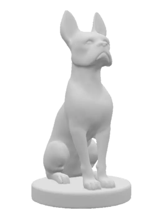 3D model for A minimalistic glossy ceramic sculpture of a sitting Bostin terroir , stylized body with soft edges, polished glaze in light read seal and white, highly reflective glossy finish, modern decorative aesthetic, cinematic render, dark gradient background., #PBR#