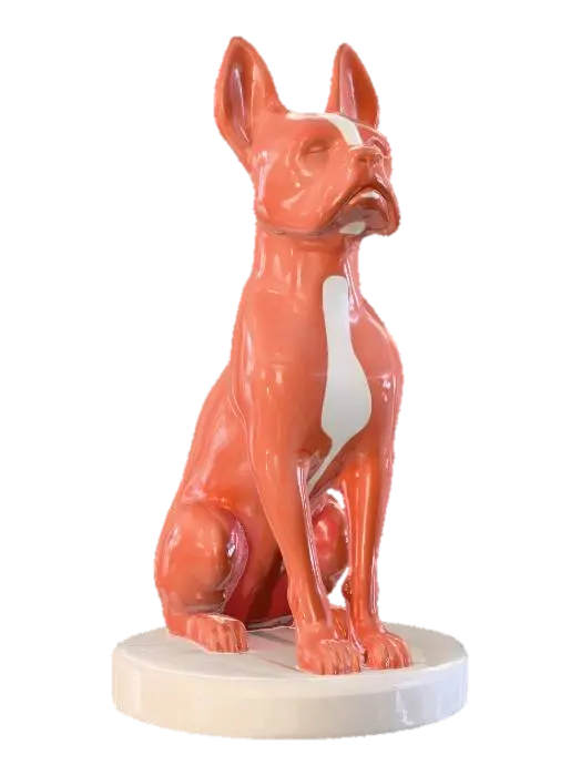 3D model for A minimalistic glossy ceramic sculpture of a sitting Bostin terroir , stylized body with soft edges, polished glaze in light read seal and white, highly reflective glossy finish, modern decorative aesthetic, cinematic render, dark gradient background., #PBR#