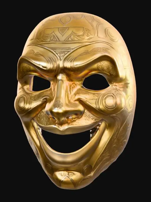 3D model for #PBR#, the evil smiling mask from the movie black phone golden colored and shiny , #PBR#