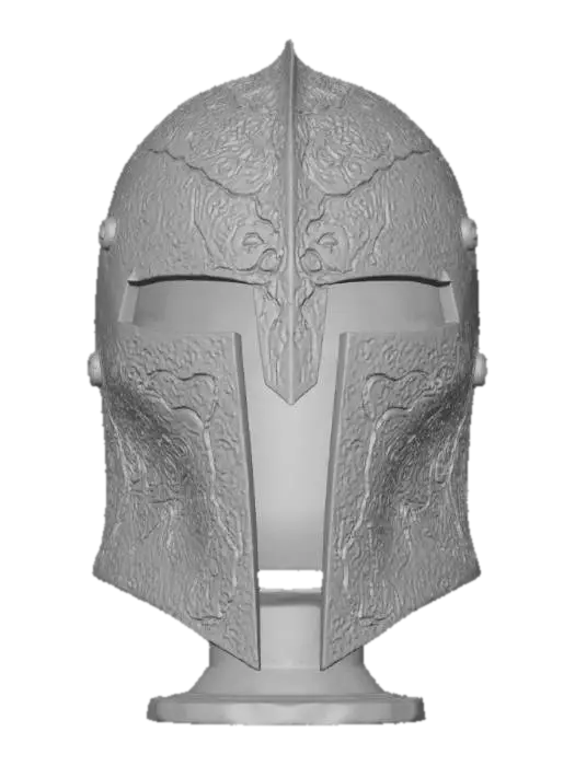 3D model for Demon guard Helmet - A lightweight, intricately crafted helmet designed for agility and elegance, embodying the essence of the under world craftsmanship. The helmet is forged from a silvery, lava-like molten metal, with deep runes etched into its surface. The edges are adorned with engravings of snakes, symbolizing evil.