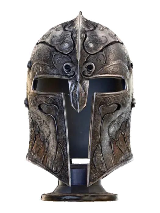 3D model for Demon guard Helmet - A lightweight, intricately crafted helmet designed for agility and elegance, embodying the essence of the under world craftsmanship. The helmet is forged from a silvery, lava-like molten metal, with deep runes etched into its surface. The edges are adorned with engravings of snakes, symbolizing evil.