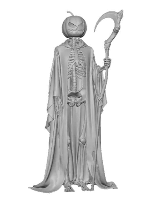 3D model for An evil pumpkin character he has a carved pumpkin head and a skeleton body standing highly detailed he is wearing a black cloak and holding a detailed twisted wooden handled scythe the blade on the scythe is very large and has carved deep markings in it ,#Halloween2025#