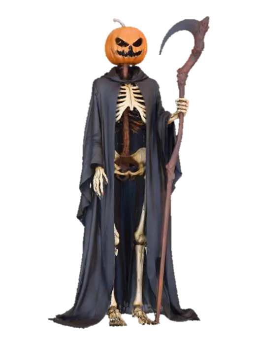 3D model for An evil pumpkin character he has a carved pumpkin head and a skeleton body standing highly detailed he is wearing a black cloak and holding a detailed twisted wooden handled scythe the blade on the scythe is very large and has carved deep markings in it ,#Halloween2025#
