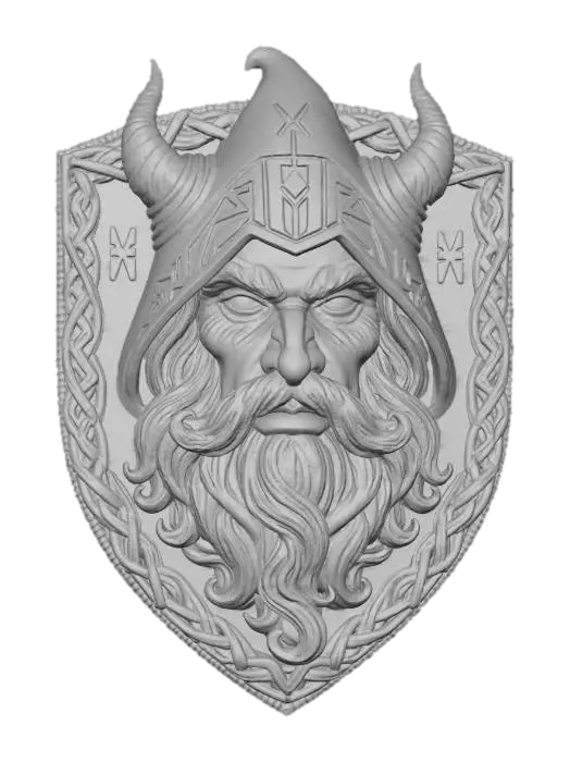 3D model for Warlock face, in a flat patch highly detailed embroidery in a shield shaped fabric patch, clear stich's and threads. Bright colorful yarn and thread