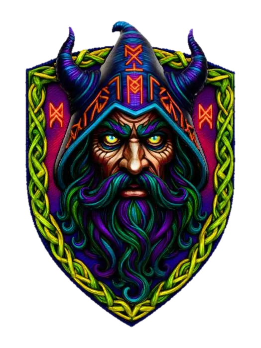 3D model for Warlock face, in a flat patch highly detailed embroidery in a shield shaped fabric patch, clear stich's and threads. Bright colorful yarn and thread