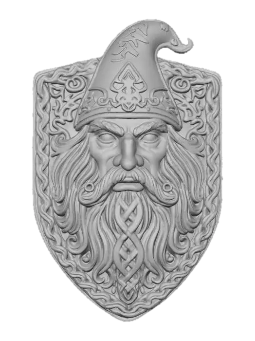 3D model for Warlock face, in a flat patch highly detailed embroidery in a shield shaped fabric patch, clear stich's and threads. Bright colorful yarn and thread