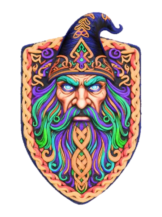 3D model for Warlock face, in a flat patch highly detailed embroidery in a shield shaped fabric patch, clear stich's and threads. Bright colorful yarn and thread