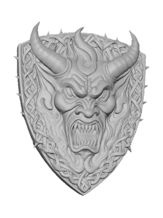 3D model for A hand stitched embroidered patch with a demon face the patch is in the shape of a shield and extremely detailed and colorful