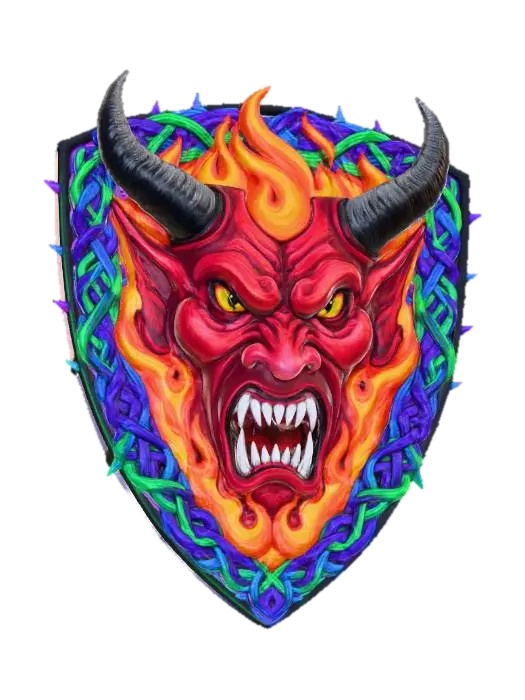 3D model for A hand stitched embroidered patch with a demon face the patch is in the shape of a shield and extremely detailed and colorful