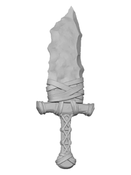 3D model for A midevil stone sword weapon with a wooden handle and huge bulbus large obsidian stone blade the blade is held on by leather straps