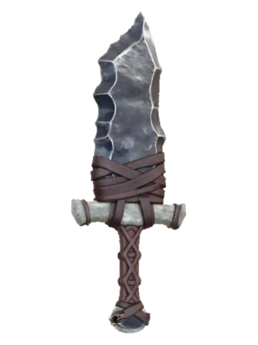 3D model for A midevil stone sword weapon with a wooden handle and huge bulbus large obsidian stone blade the blade is held on by leather straps