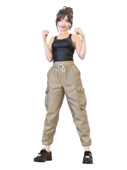 A cute girl street fighter she is wearing baggy cargo pants and a tank top 3D model, vytvořený pomocí AI