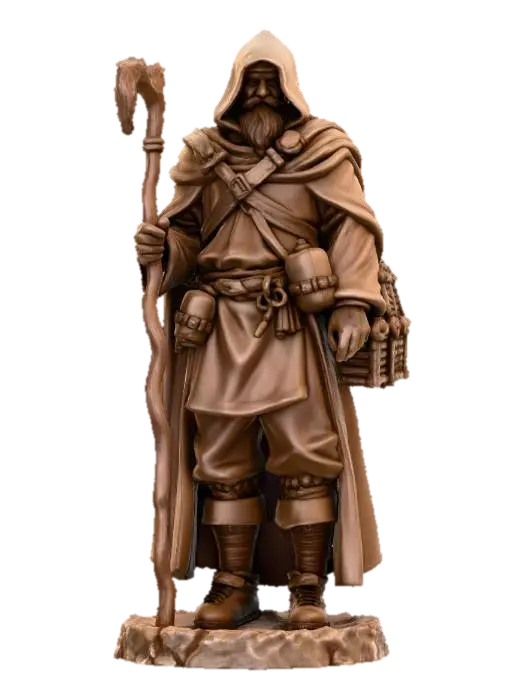 A monochrome (e.g., terracotta, unpainted resin) 3D printed figurine of a cloaked… - Merchant 3D model, vytvořený pomocí AI