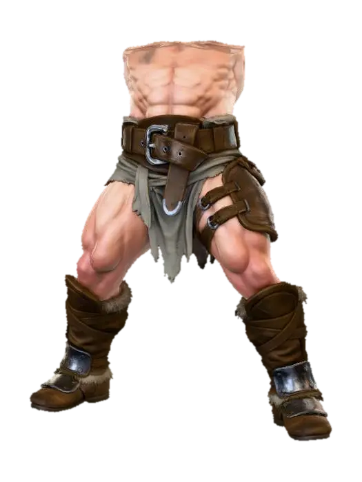 I want to create the bottom half of a muscular barbarian only hips down, belt legs and… - Feet 3D model, vytvořený pomocí AI