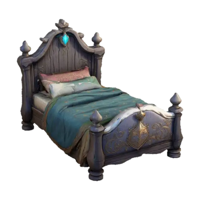 Medieval, Fantasy, League of Legends, Highly Detailed, cartoon little bed with a pillow and… 3D model, AI generated