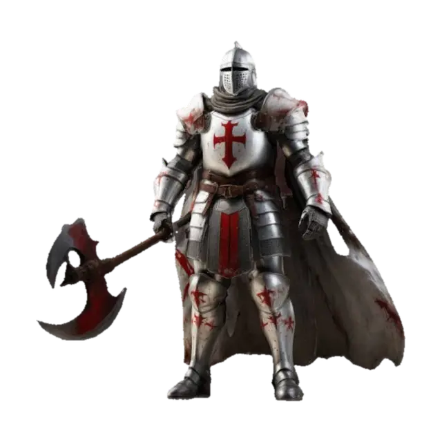 Highly detailed ultra-realistic crusader knight holding a large battle axe in an… 3D model, vytvořený pomocí AI