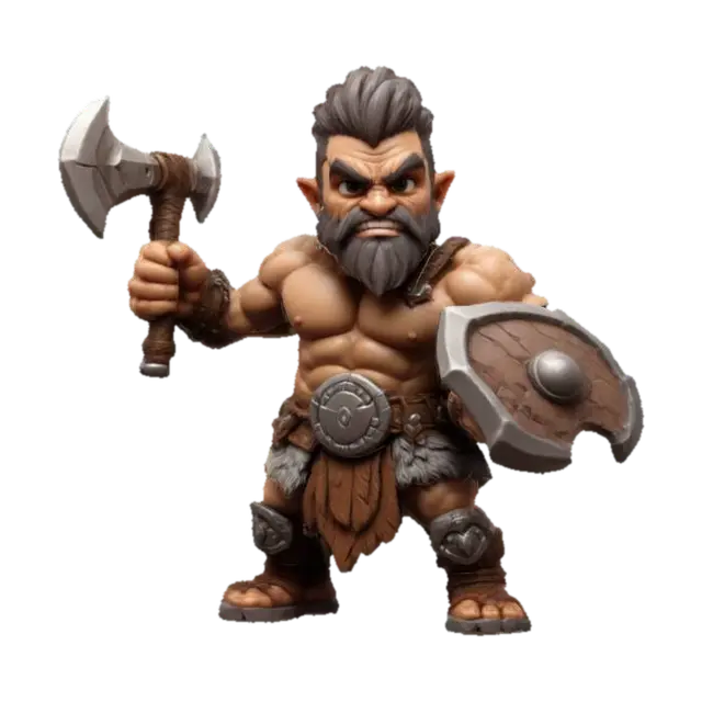 3D model for buff muscular barbarian  for Dungeons & Dragons. Attack pose.  Chibi art style. Highly stylized. Bold embossed and engraved detail. Well-defined edges. 2mm Chunky sculpted detail. High resolution., #game figure#