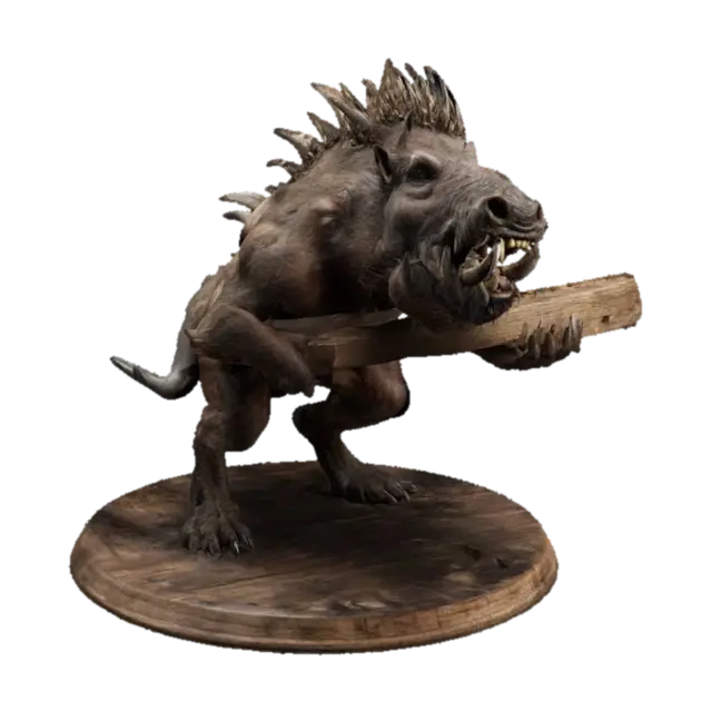 3D model for Evil menacing beast with human features a warthog head and face covered in spikes carrying a large wooden plank highly detailed highly realistic with foam coming out of his mouth