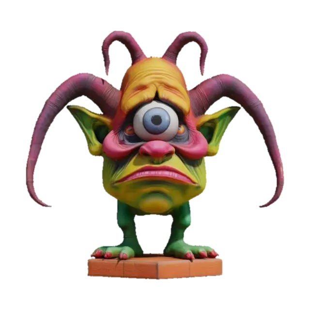 3D model for This model has grotesque caricatures,  A Ed "big daddy" Roth style, cyclops, with only one eye in the center of its forehead, bright colors standing on a hexagon base ,