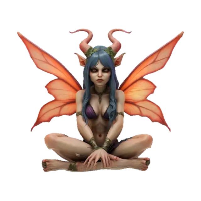 a beautiful evil fairy imp , Stylized, Sitting crossed leg, Highly Detailed, Ultra… 3D model, vytvořený pomocí AI