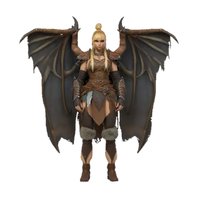 3D model for beautiful female barbarian , #fairy#,  she has dragon wings,  blond hair up in a top pony tail 