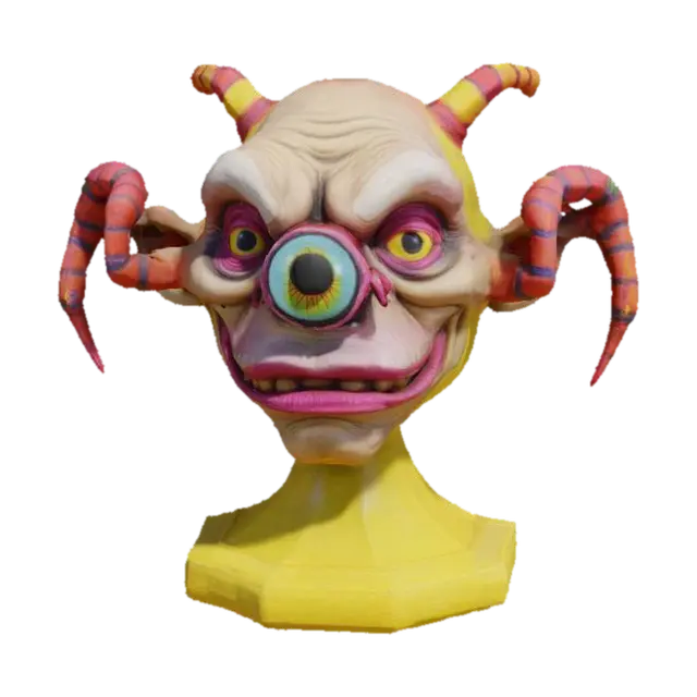 3D model for This model has grotesque caricatures,  A Ed "big daddy" Roth style, cyclops, with only one eye in the center of its forehead, bright colors standing on a hexagon base ,