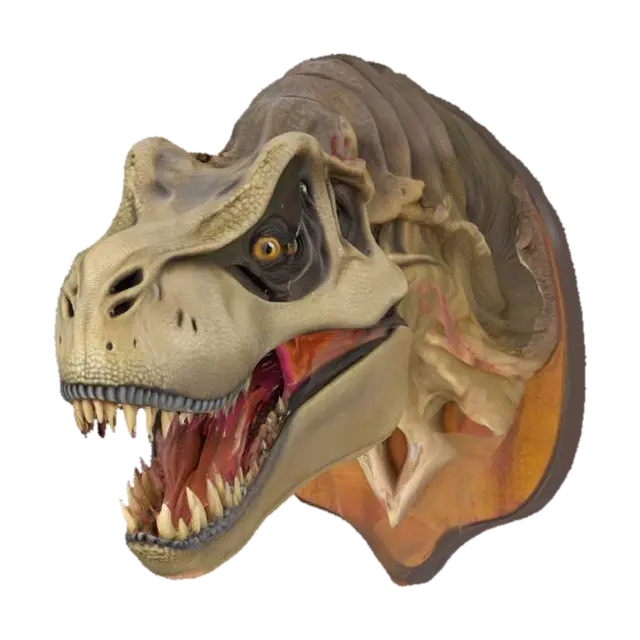 mounted t-rex head mouth open highly detailed 3D model, vytvořený pomocí AI