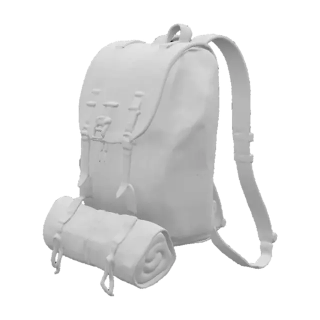 3D model for Medieval Back pack made of leather on a wooden frame with a sleeping bag rolled up at the bottom highly detailed soft textured leather hemp rope tying the backpack to the wooden frame and the sleeping bag to the bottom of the wooden frame below the backpack