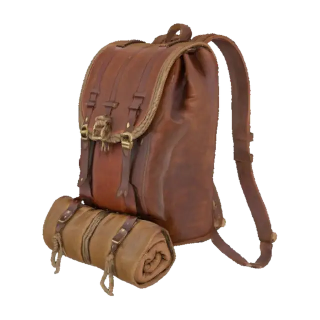 3D model for Medieval Back pack made of leather on a wooden frame with a sleeping bag rolled up at the bottom highly detailed soft textured leather hemp rope tying the backpack to the wooden frame and the sleeping bag to the bottom of the wooden frame below the backpack