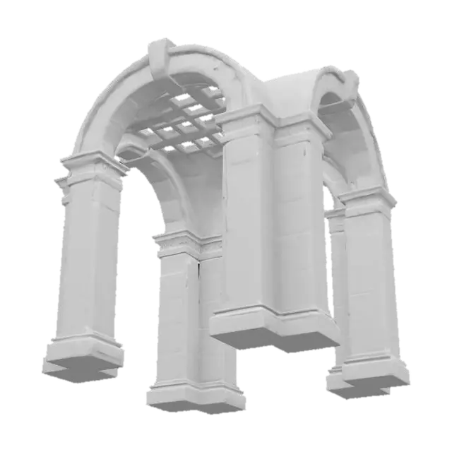 3D model for Create a 4K game-ready realistic 3D model of a monumental stone archway The arch is light gray with classical detailing, coffered inner ceiling,  atop rectangular stone pedestals, The scene is symmetrical and grounded on a dirt path leading into a treelined background. Capture natural stone textures highly detailed stone hand made realism., #arch#, 









