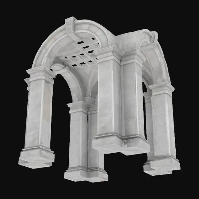 3D model for Create a 4K game-ready realistic 3D model of a monumental stone archway The arch is light gray with classical detailing, coffered inner ceiling,  atop rectangular stone pedestals, The scene is symmetrical and grounded on a dirt path leading into a treelined background. Capture natural stone textures highly detailed stone hand made realism., #arch#, 









