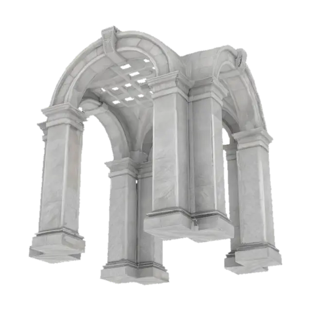 3D model for Create a 4K game-ready realistic 3D model of a monumental stone archway The arch is light gray with classical detailing, coffered inner ceiling,  atop rectangular stone pedestals, The scene is symmetrical and grounded on a dirt path leading into a treelined background. Capture natural stone textures highly detailed stone hand made realism., #arch#, 









