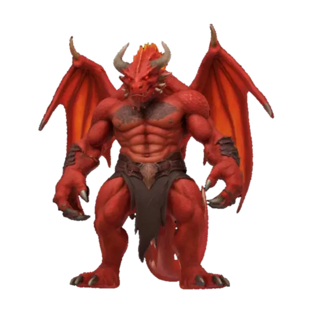 A massive red dragonborn barbarian stands in a powerful, imposing stance, every… 3D model, vytvořený pomocí AI