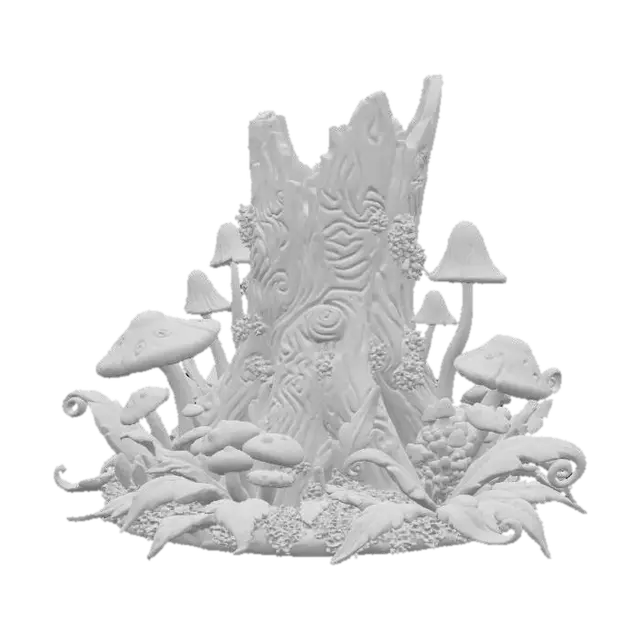 3D model for a stylized stump base in a fantasy dnd style highly detailed mushrooms and leaf's  