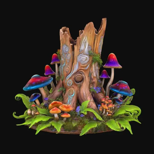 3D model for a stylized stump base in a fantasy dnd style highly detailed mushrooms and leaf's  