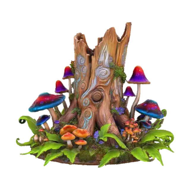 3D model for a stylized stump base in a fantasy dnd style highly detailed mushrooms and leaf's  